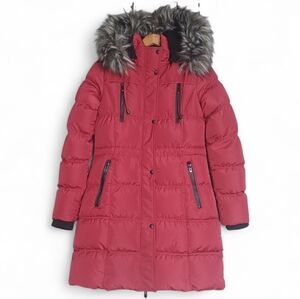 Canadian Outdoors Womens Red Small Parka Long Puffer Coat Faux Fur Hood‎ Jacket